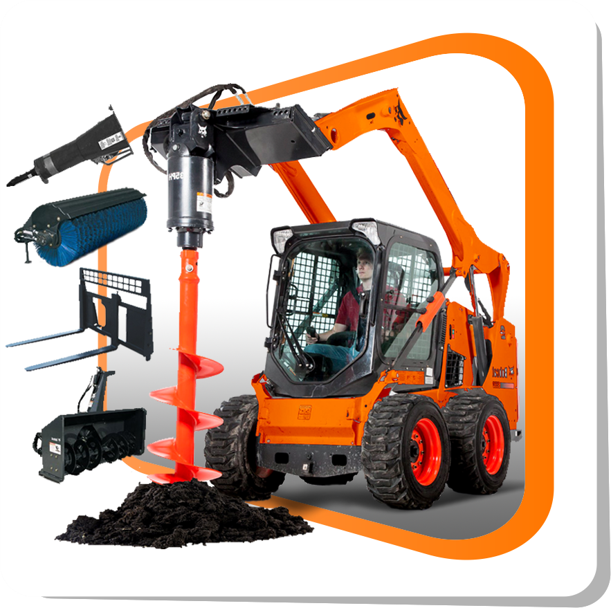 Минипогрузчик ковш, щетка, вилы, гидробур, гидромолот