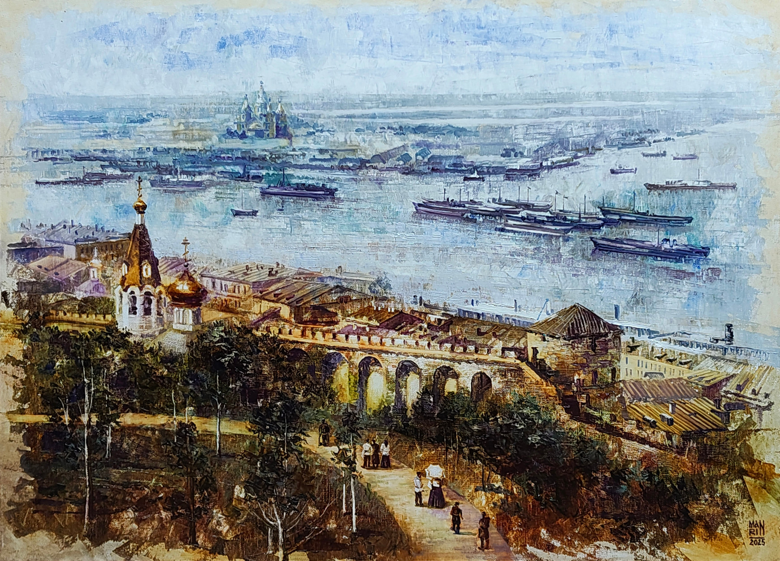 картины, интерьерные картины, картины маслом, масло,  природа, живопись, Нижний Новгород, Старый Нижний, город, картина с Нижнем Новгородом, корабль, теплоход, пароход, панорама, виды Нижнего, старина, ретро стиль, нижегородские виды