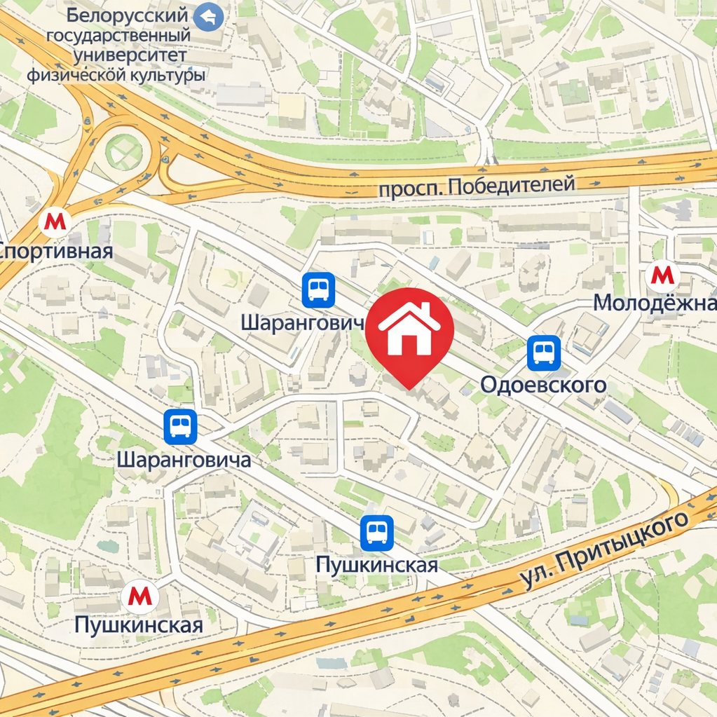 Скриншот яндекс карты с отметкой дома и информацией о транспортной доступности