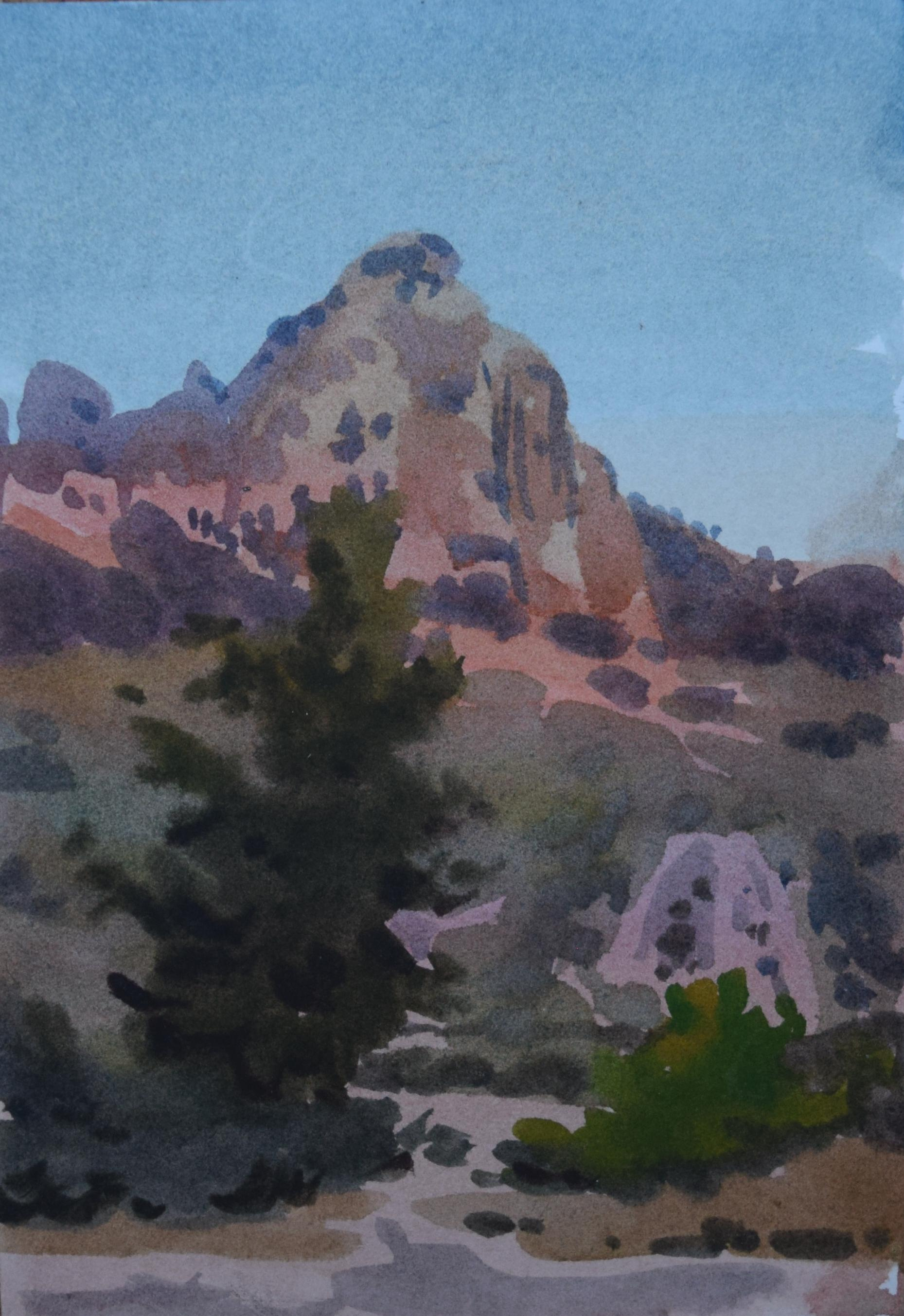 Акварель. Пейзаж. Картина. Турция. Сиде. Горы на закате. Путешествия.