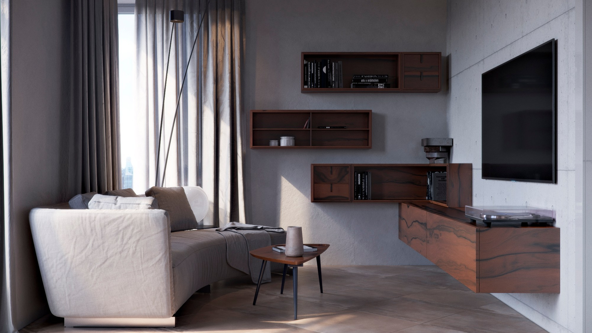 Дизайн Кухни-Гостиной в Минимализме | Бетон, Стекло и Свет в 3D Визуализации. Визуализатор интерьера в Москве | Брагин Кирилл