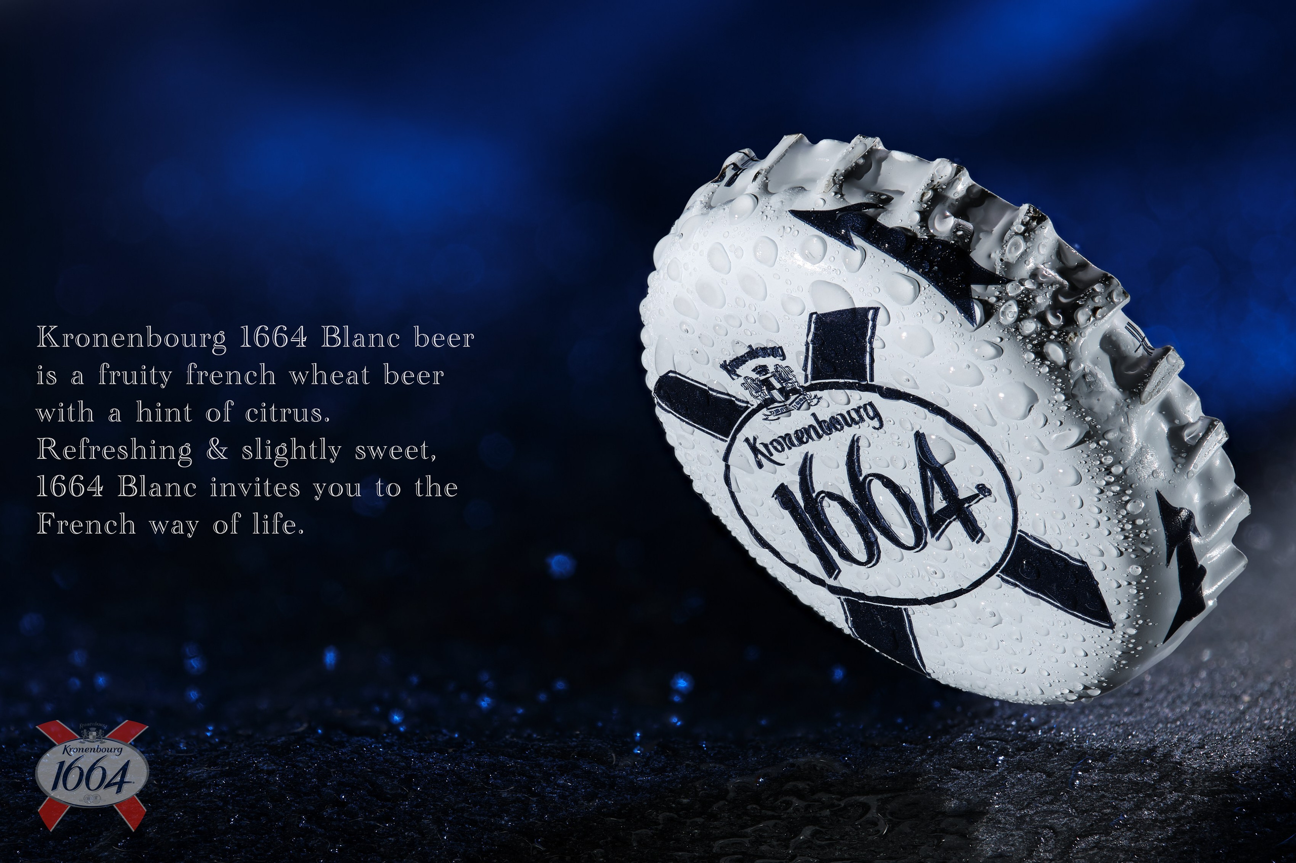 Рекламная предметная фотосъёмка пива Kronenbourg 1664 с акцентом на текстуру, капли и холод