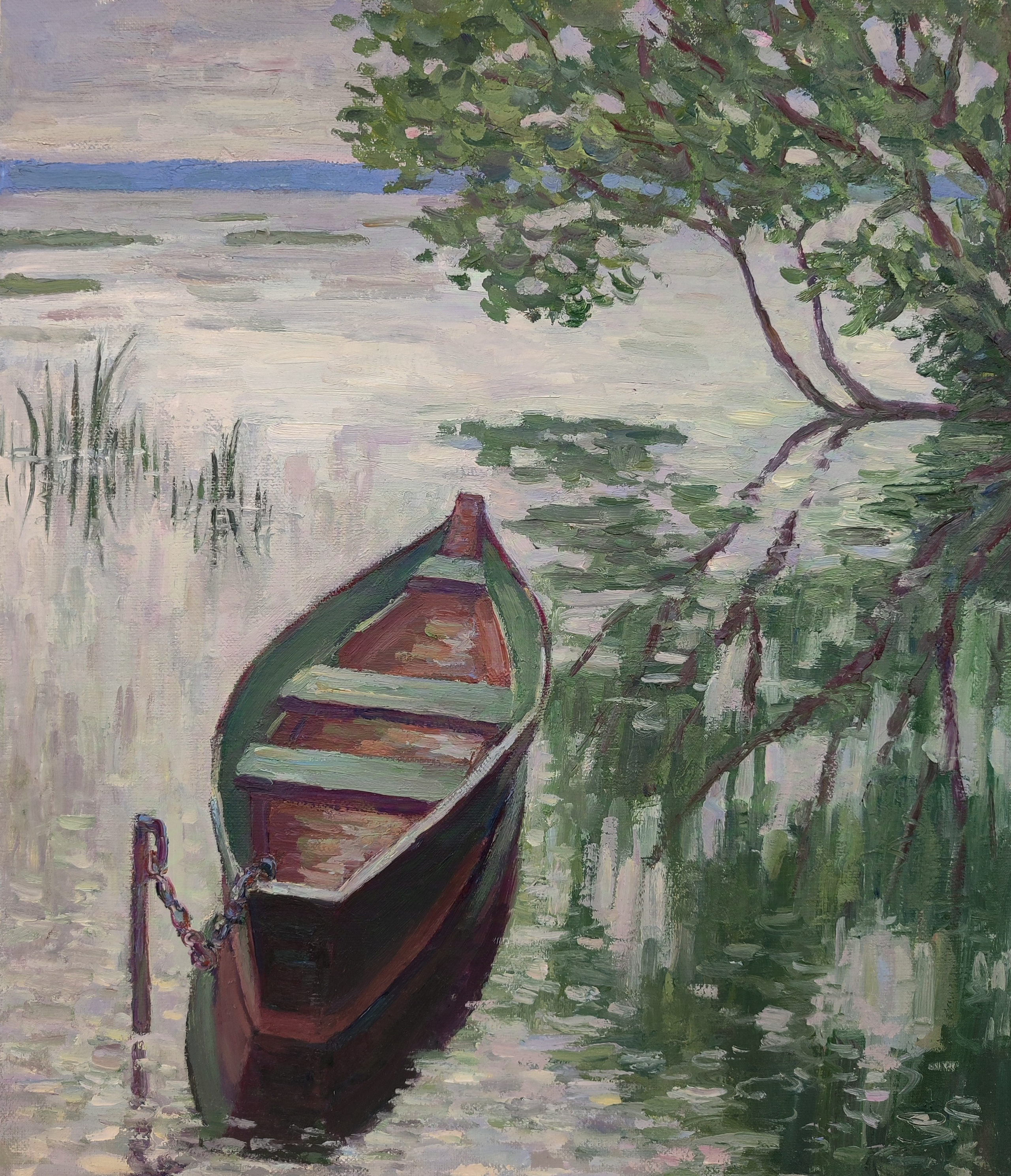 Картина маслом в интерьер купить - Лодка в пасмурный день на воде