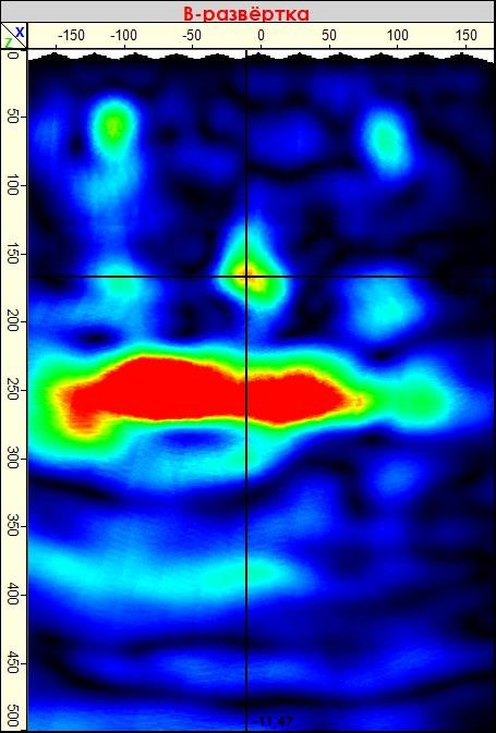 Поиск внутренних дефектов в бетоне монолитного железобетонного пилона ультразвуковым  эхометодом (метод ультразвуковой эхо-томографии). B-томограмма (B-скан)