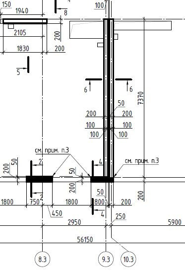 Монолитные железобетонные стены в зоне деформационного шва. Схема расположения