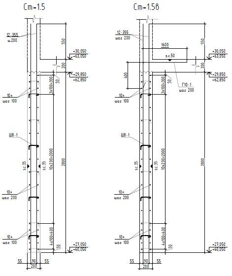 Монолитные железобетонные стены в зоне деформационного шва. Схема армирования