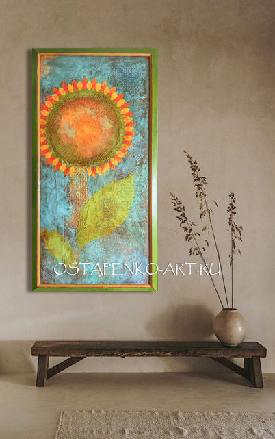 Картина "Подсолнух",размер 132см х 67 см, размер вместе с рамой, тк рама выполнена специально для этой картины из массива дерева и расписана в тон картины. Акрил на панели, 2021 г.