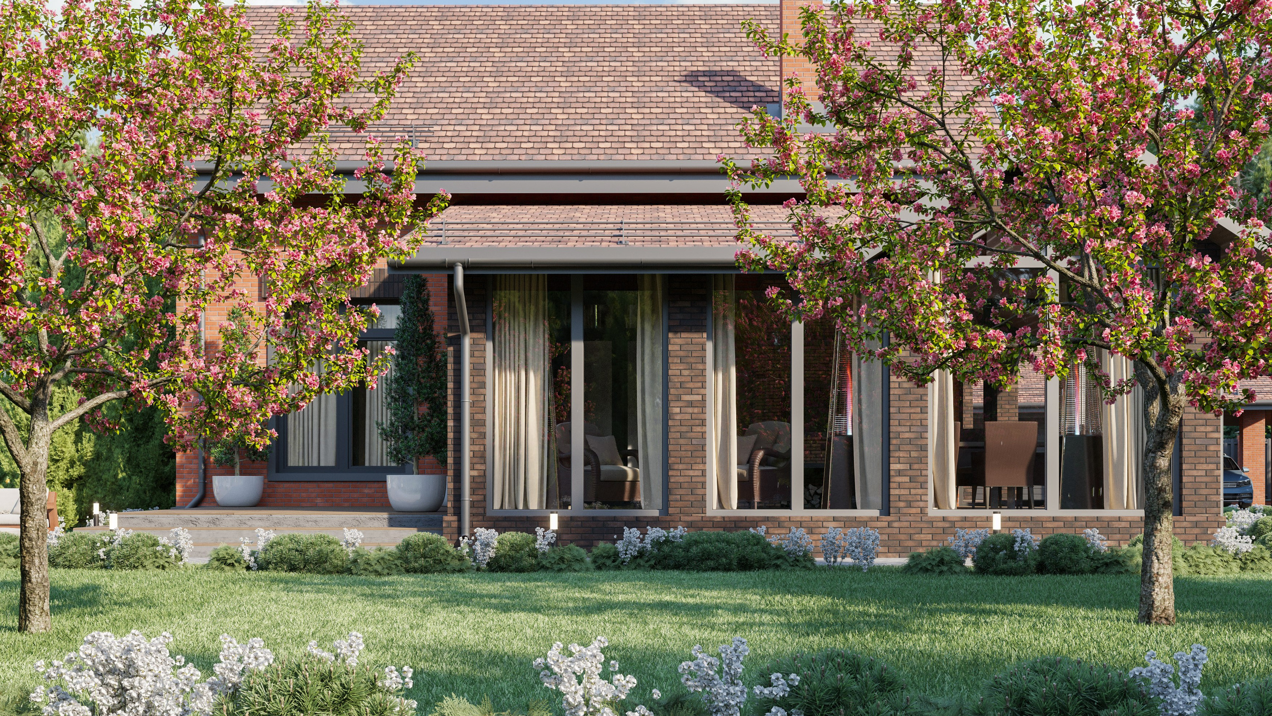 3D Визуализация Кирпичного Дома с Большими Окнами и Бассейном | Экстерьер. Визуализатор интерьера в Москве | Брагин Кирилл