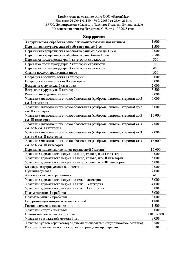 Хирургия. Клиника здоровья и красоты «Бьюти Мед Про» г. Лодейное Поле
