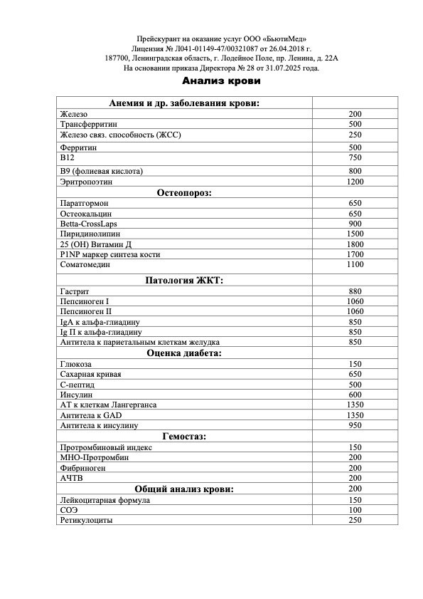 АНАЛИЗ КРОВИ. Клиника здоровья и красоты «Бьюти Мед Про» г. Лодейное Поле