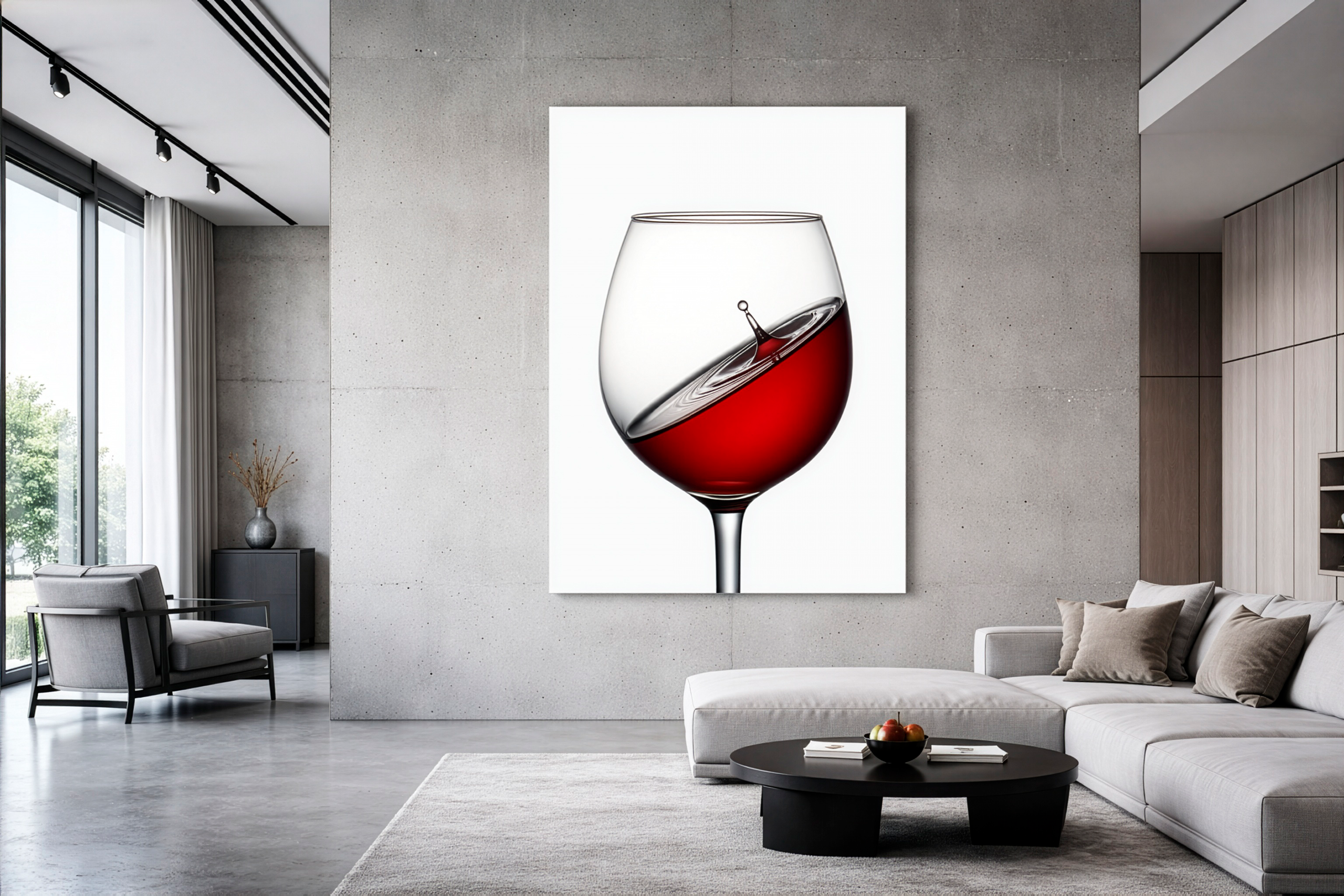 Современный минималистичный интерьер с постером бокала с красным вином на бетонной стене, серия CONTAINMENT Дмитрия Лукьянова