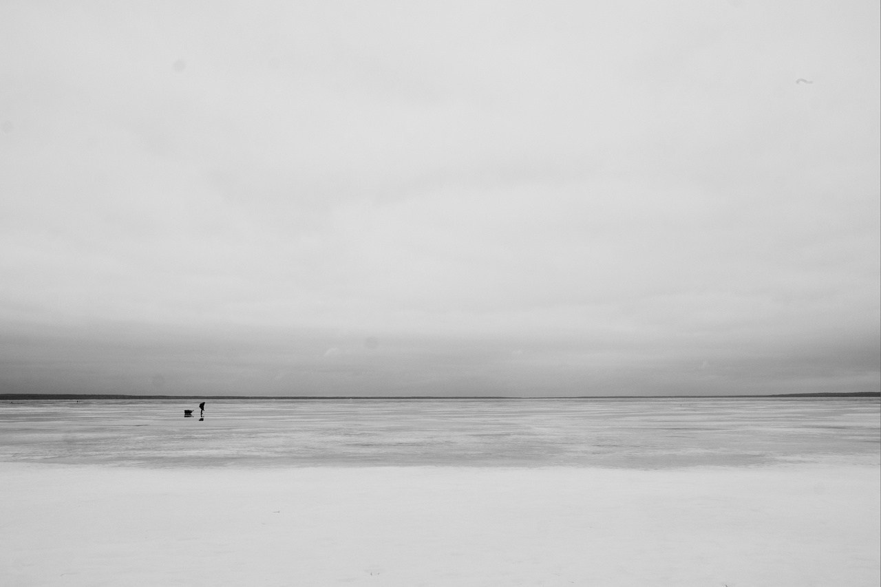 Одинокий человек с собакой на замерзшем озере, минималистичный зимний пейзаж, черно-белая фотография