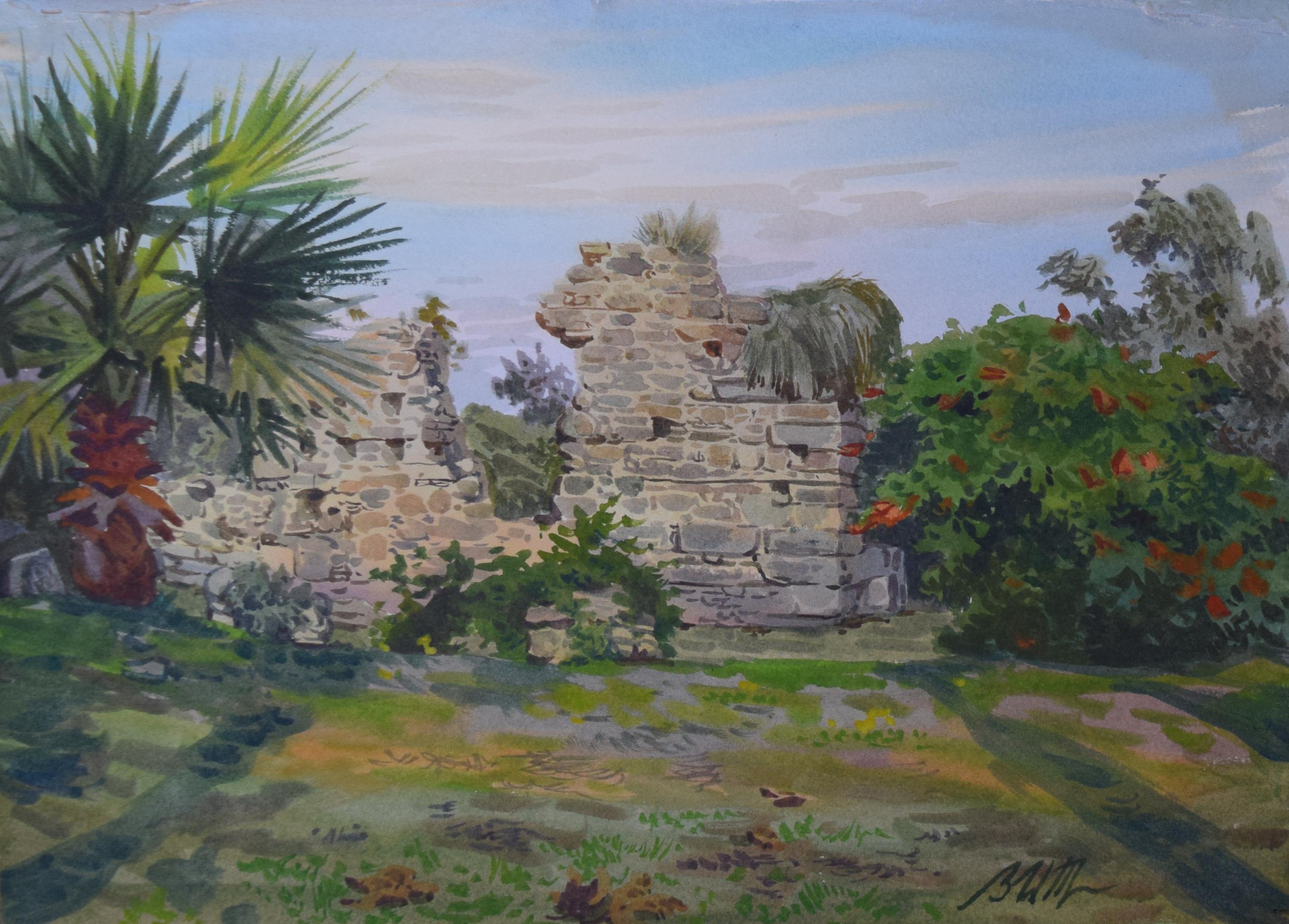 Акварель. Пейзаж. Картина. Турция. Сиде. Руины, пальмы. Утренний пейзаж. Романтизм. Путешествия.