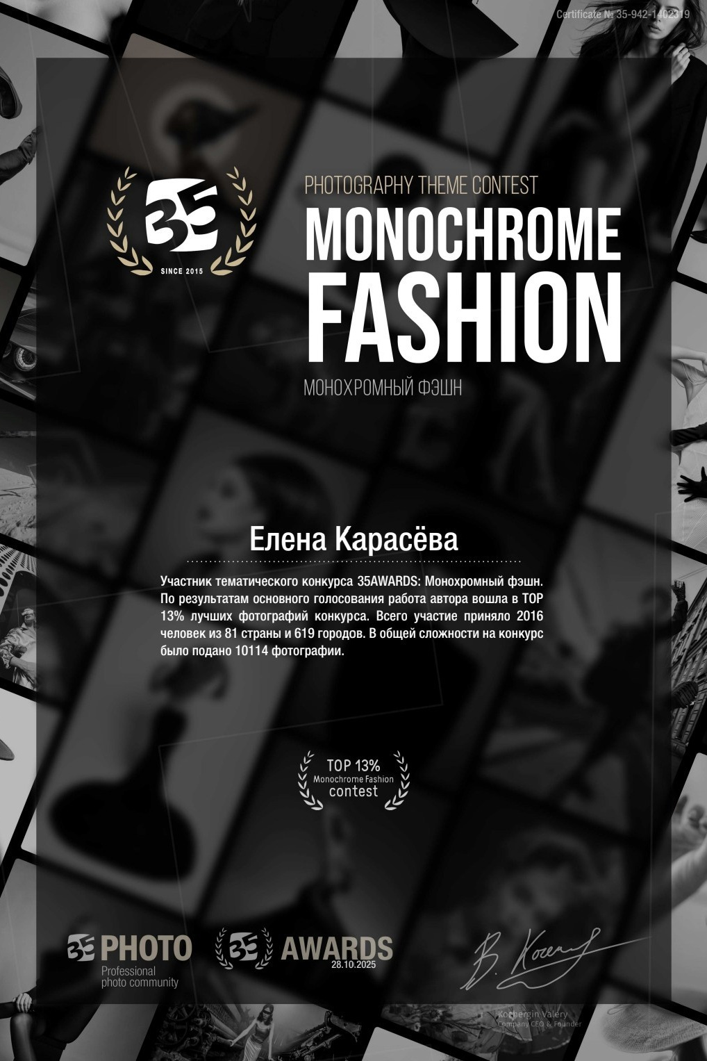 Диплом 35AWARDS Monochrome Fashion — ТОП18 — Карасёва Елена