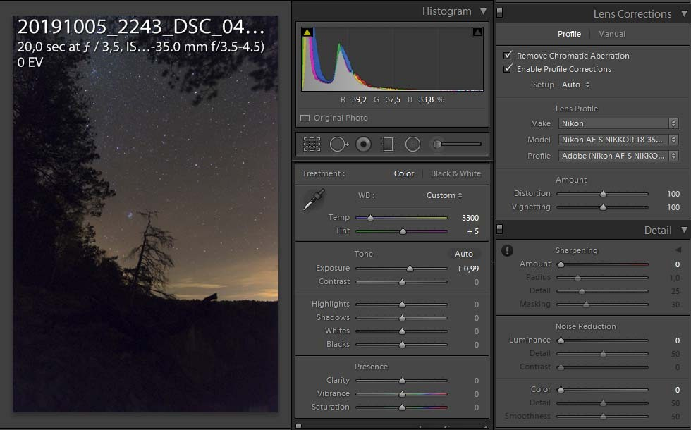 Настройки Lightroom при обработке звёздного неба.