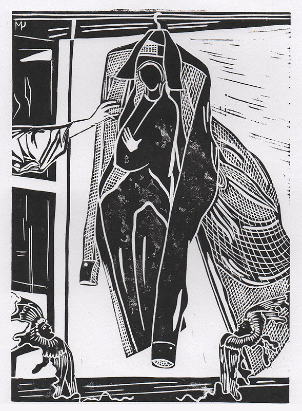 Благовещение, 2022. Авторская линогравюра на бумаге Ватман Гознак.  Работа участвует в выставке "После иконы: графика" со 2 июля по 24 сентября 2023 г. в Феодоровском соборе (Санкт-Петербург).