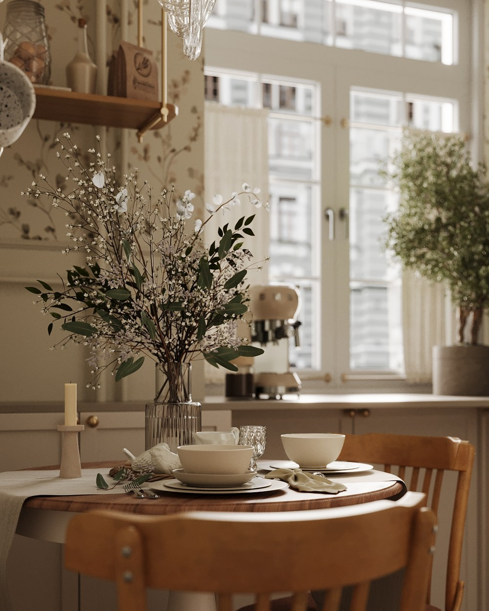 Теплая и уютная кухня. Приближенный ракурс на обеденный стол 