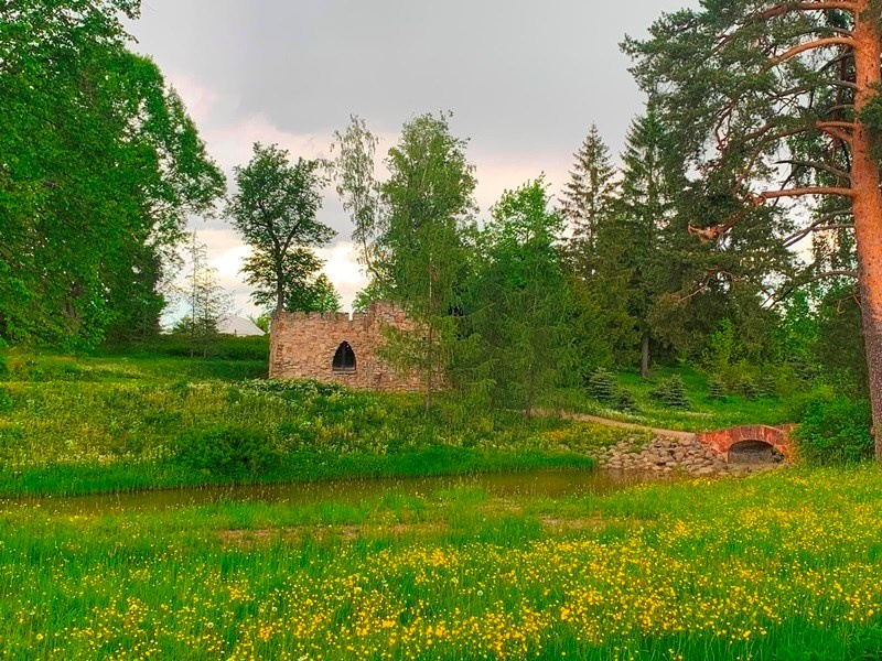 Каменная башня среди летнего парка Марьино