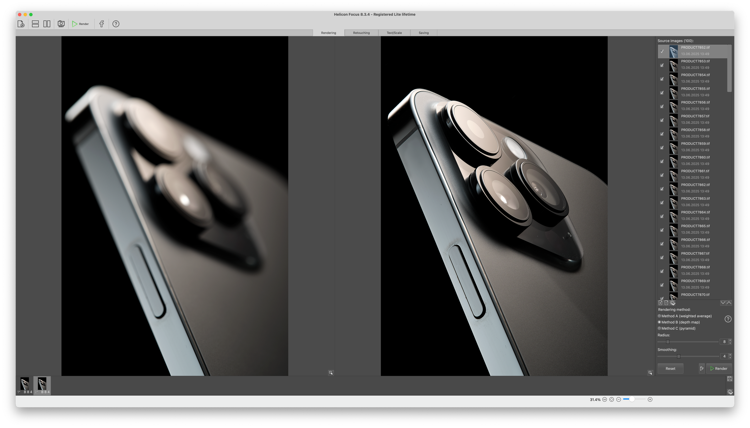 Сборка фокус-стекинга в программе Helicon Focus из 100 кадров