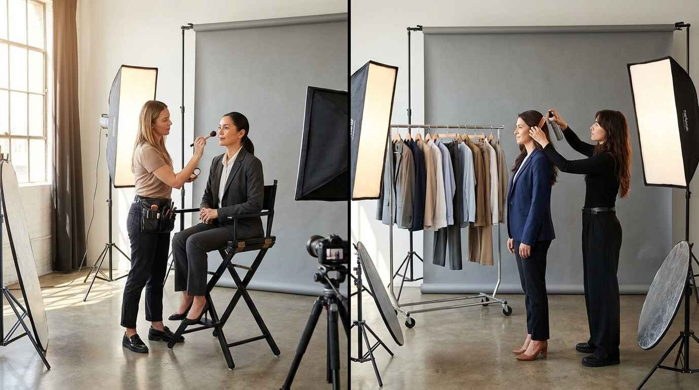 Визажист и стилист готовят клиентку к съёмке бизнес-портрета