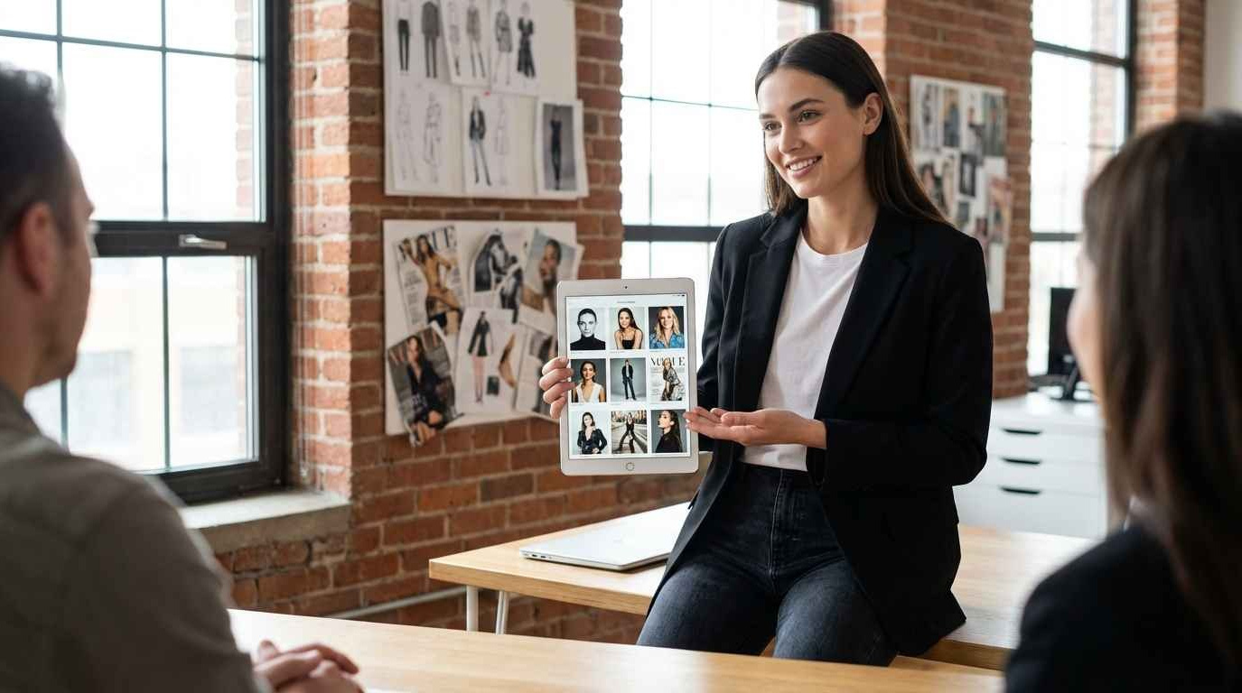 Модель презентует портфолио на планшете клиентам в студии