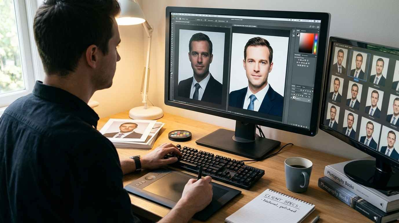 Ретушёр обрабатывает деловые портреты в Photoshop на двух мониторах