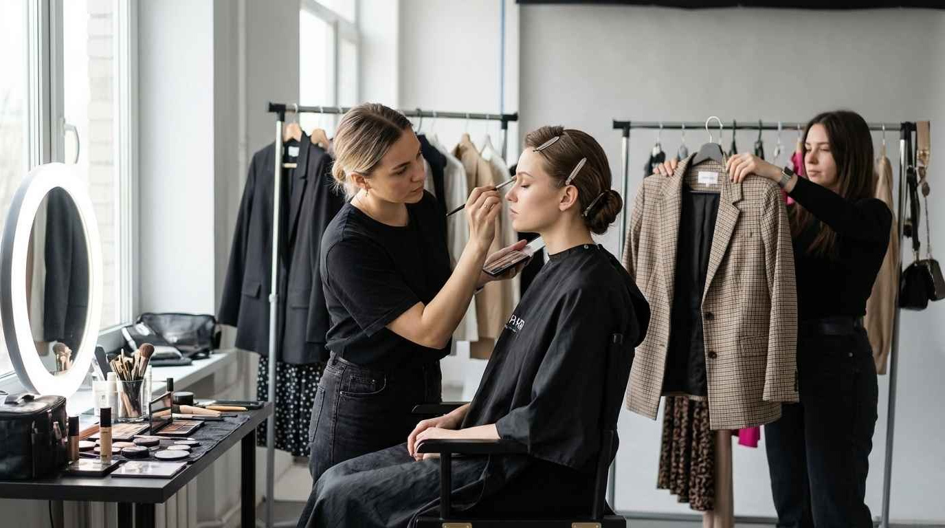 Визажист делает макияж модели пока стилист подбирает образ