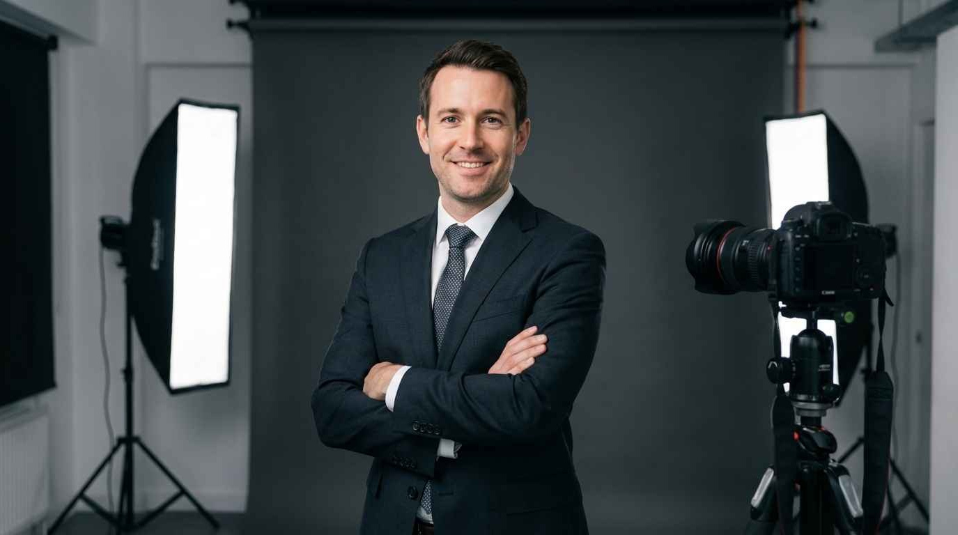 Бизнесмен в костюме позирует для делового портрета в фотостудии