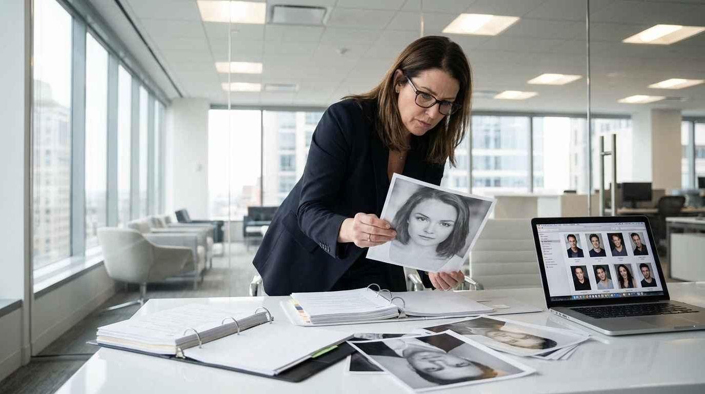 Кастинг-директор отбирает актёрские headshots для проекта в офисе