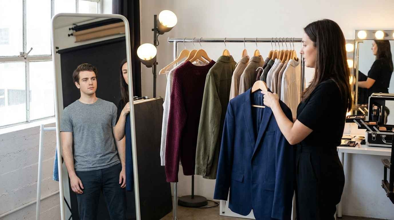 Стилист подбирает образ актёру перед съёмкой портфолио в студии