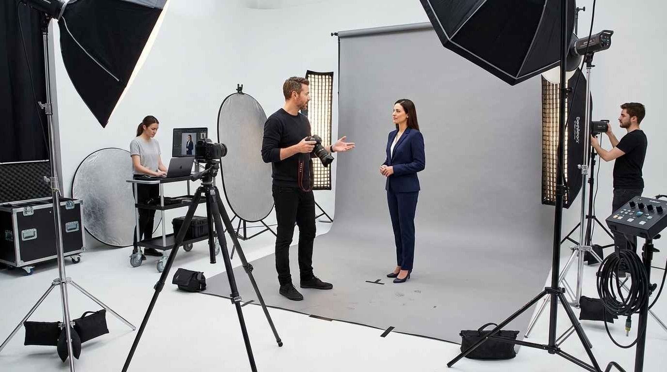 Профессиональная команда снимает деловой портрет в студии с софтбоксами