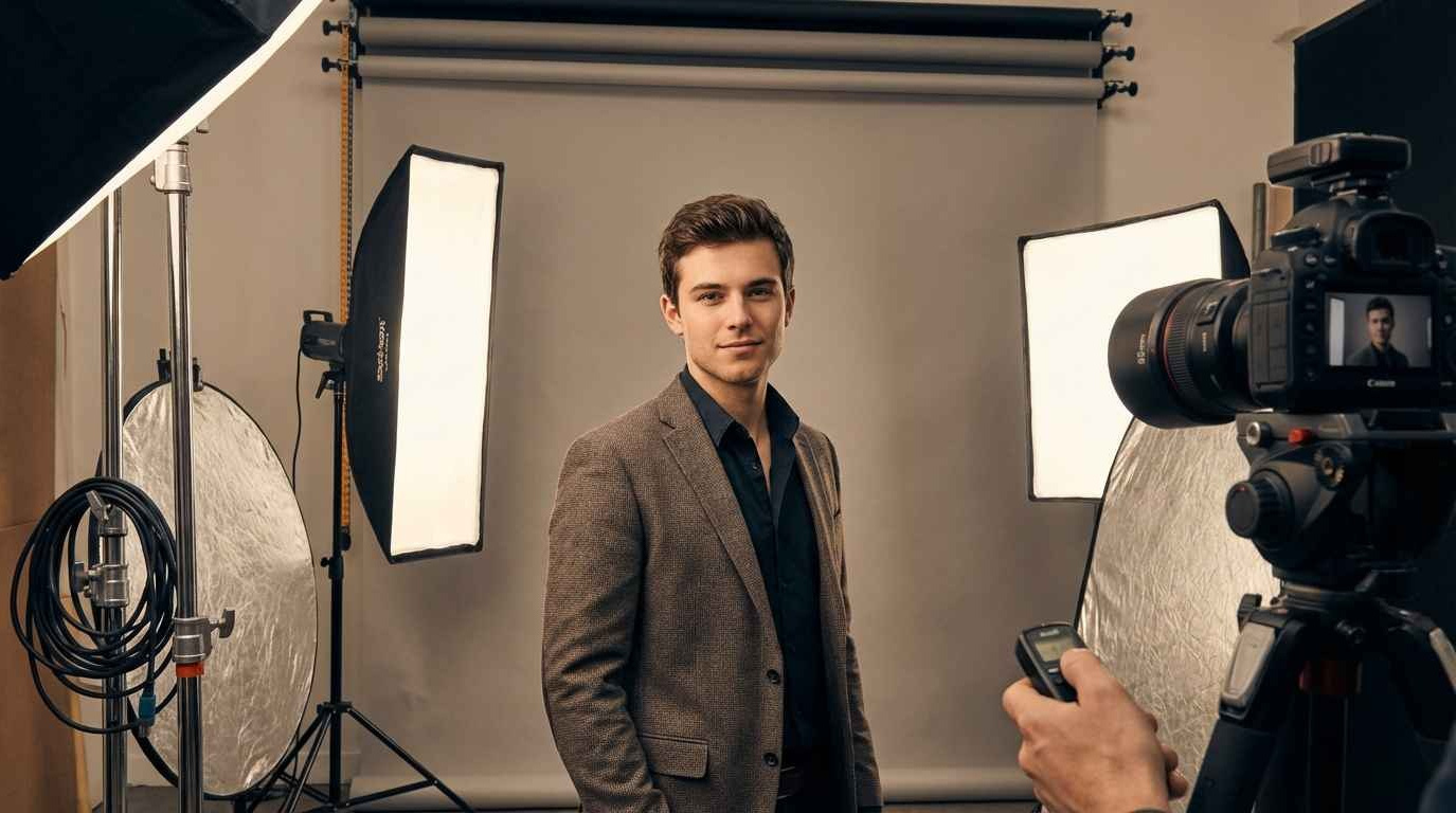 Съёмка актёра в пиджаке на нейтральном сером фоне