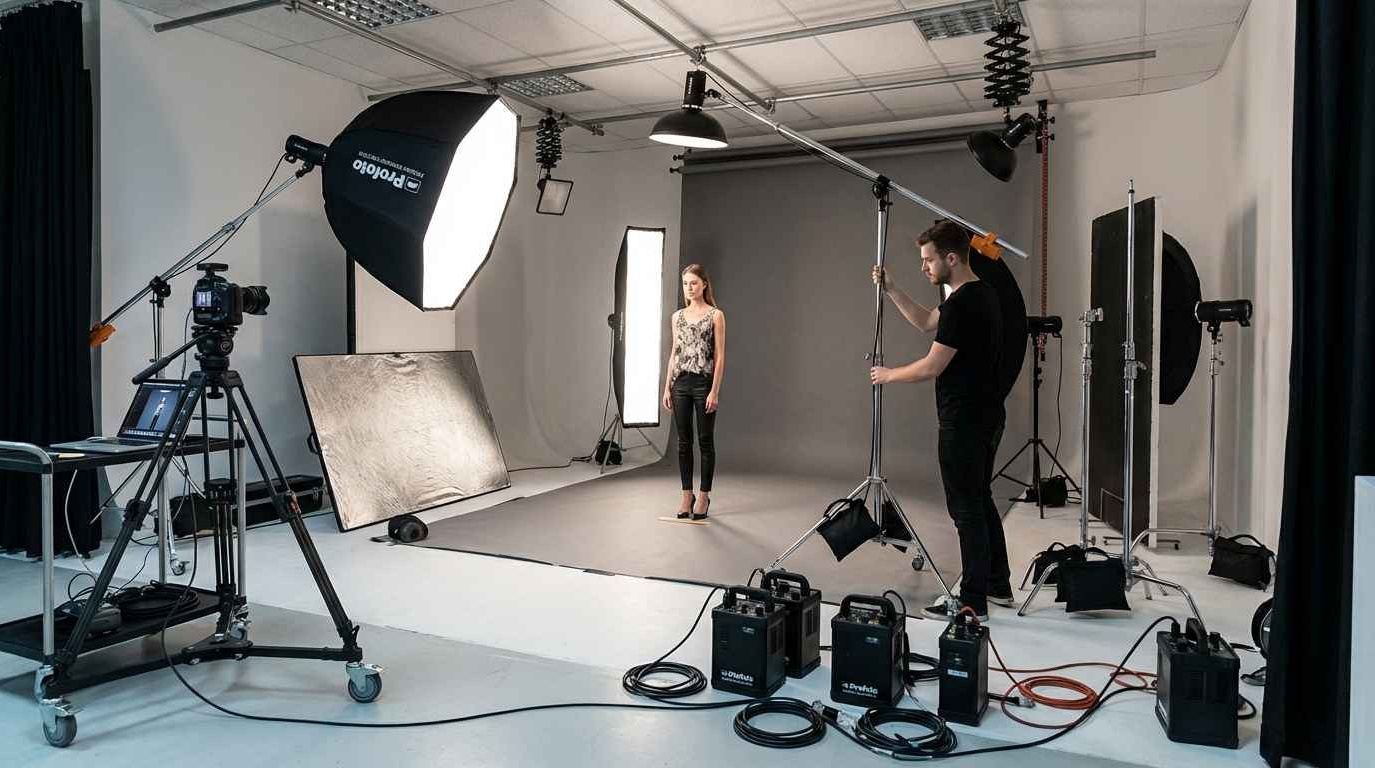 Фотограф снимает модель в динамичной позе