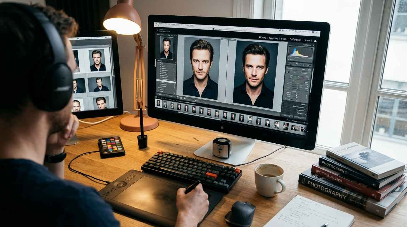 Ретушёр обрабатывает актёрские портреты на мониторе