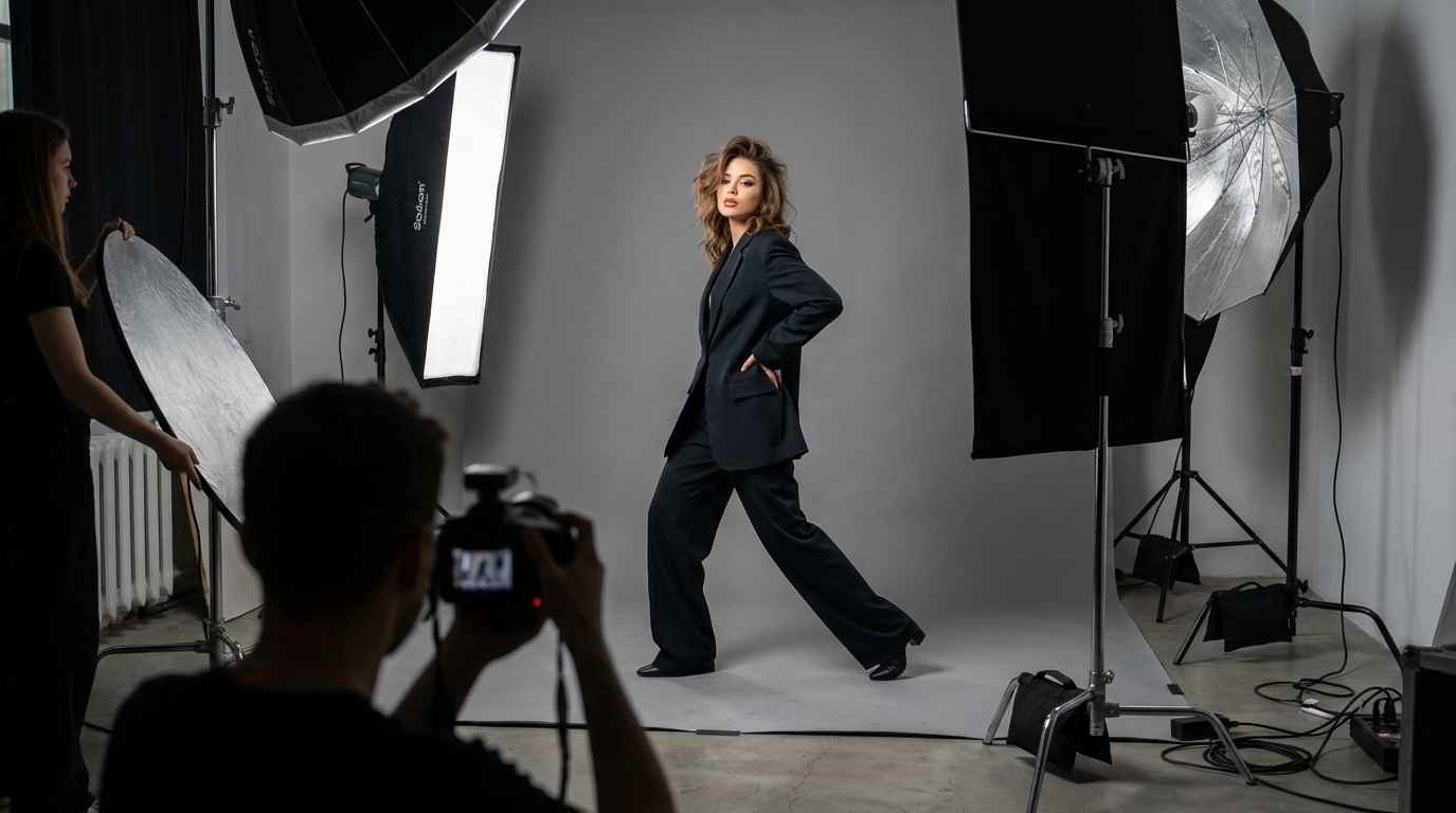 Модель позирует в студии с профессиональным светом
