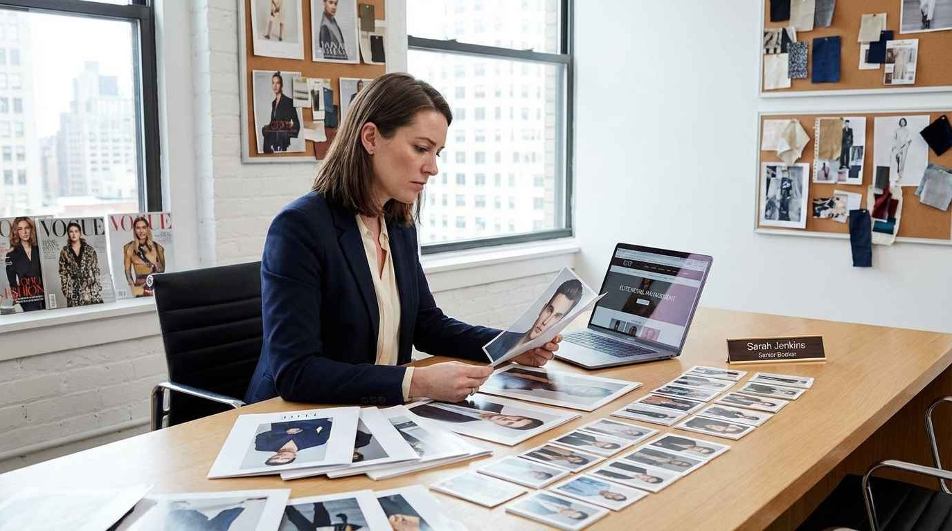 Букер модельного агентства отбирает снимки для портфолио в офисе