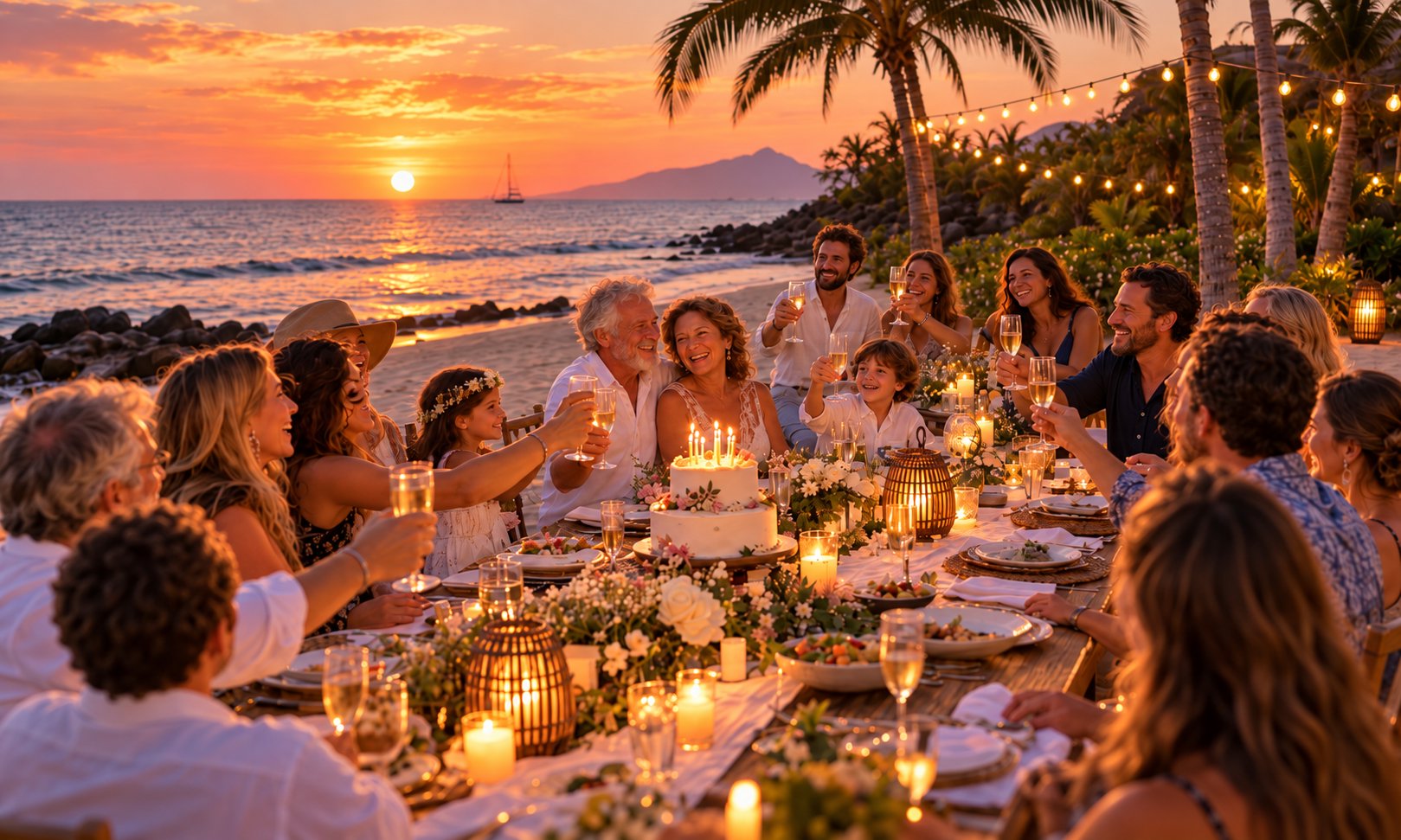 Birthday party celebration with a private sunset beach dinner, tropical decorations and guests in Koh Samui, Thailand.