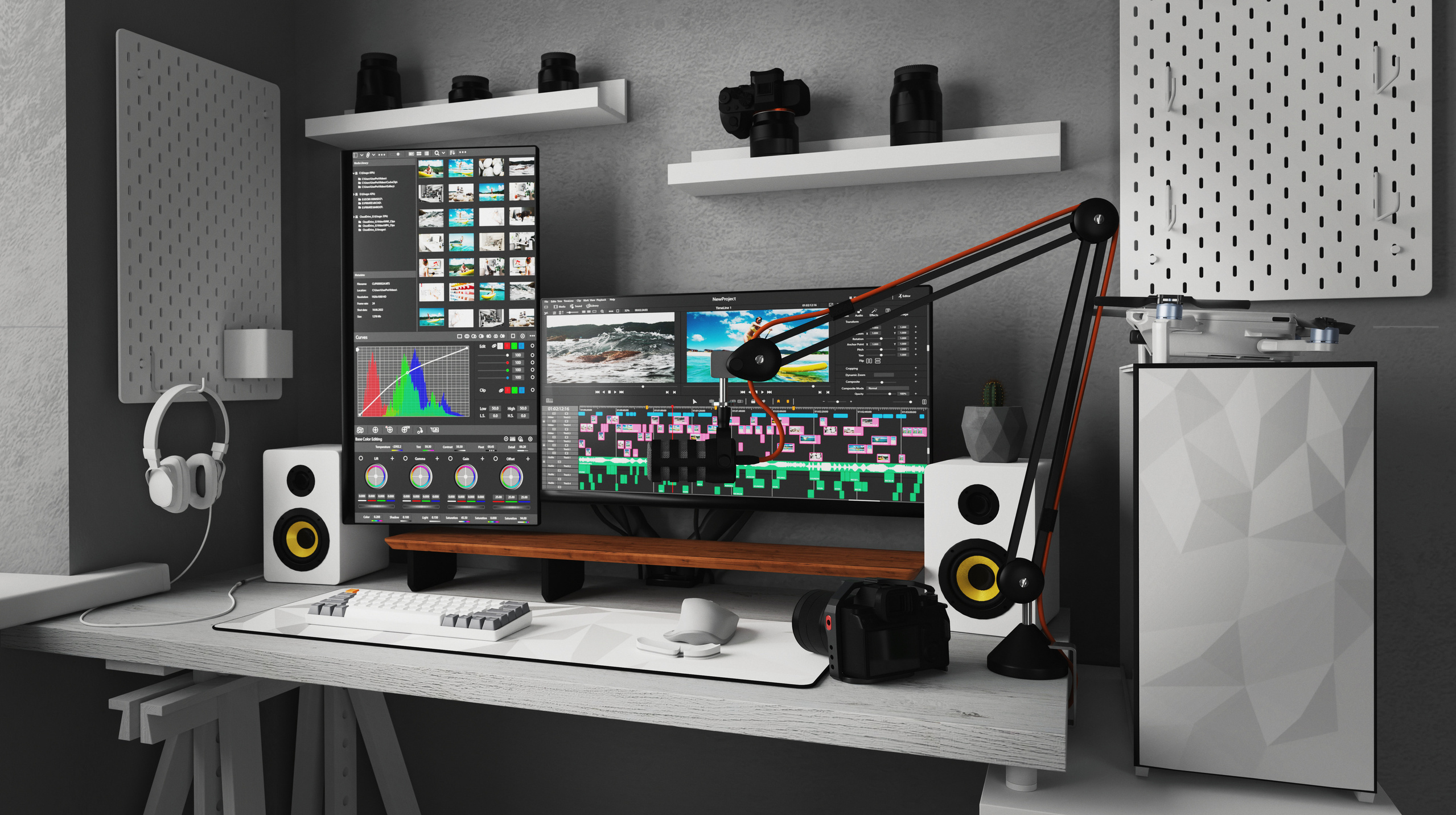 Серый интерьер блогера. Купить коммерческие фотографии для использования в дизайне и рекламе