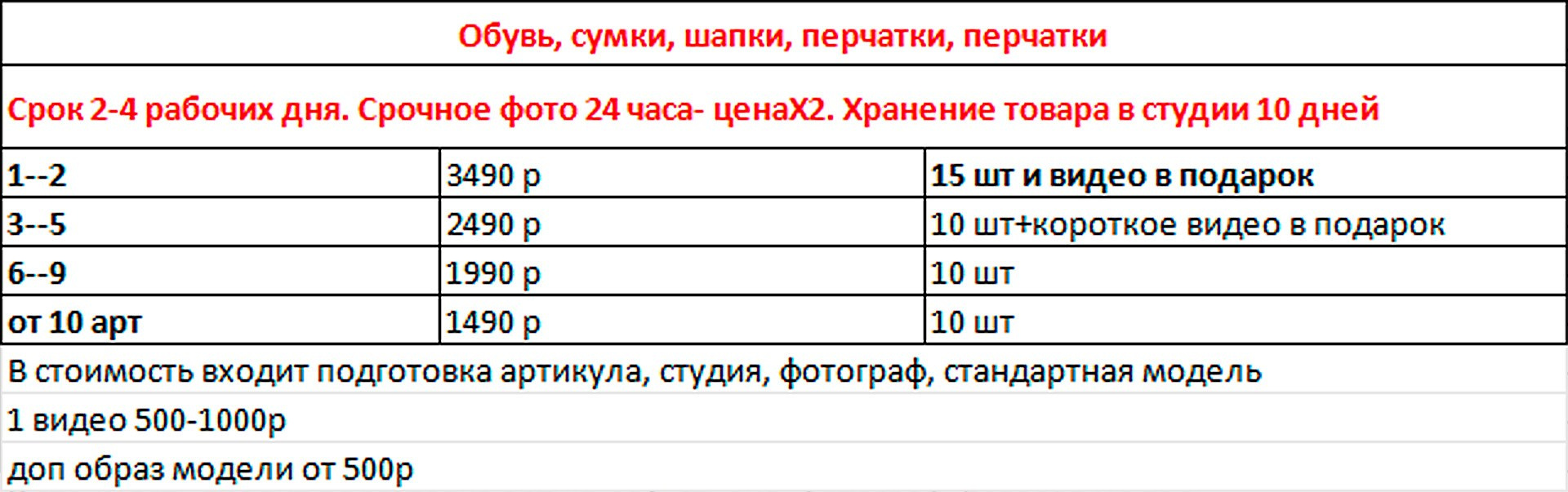 Услуги и цены. Фото для маркетплейс
