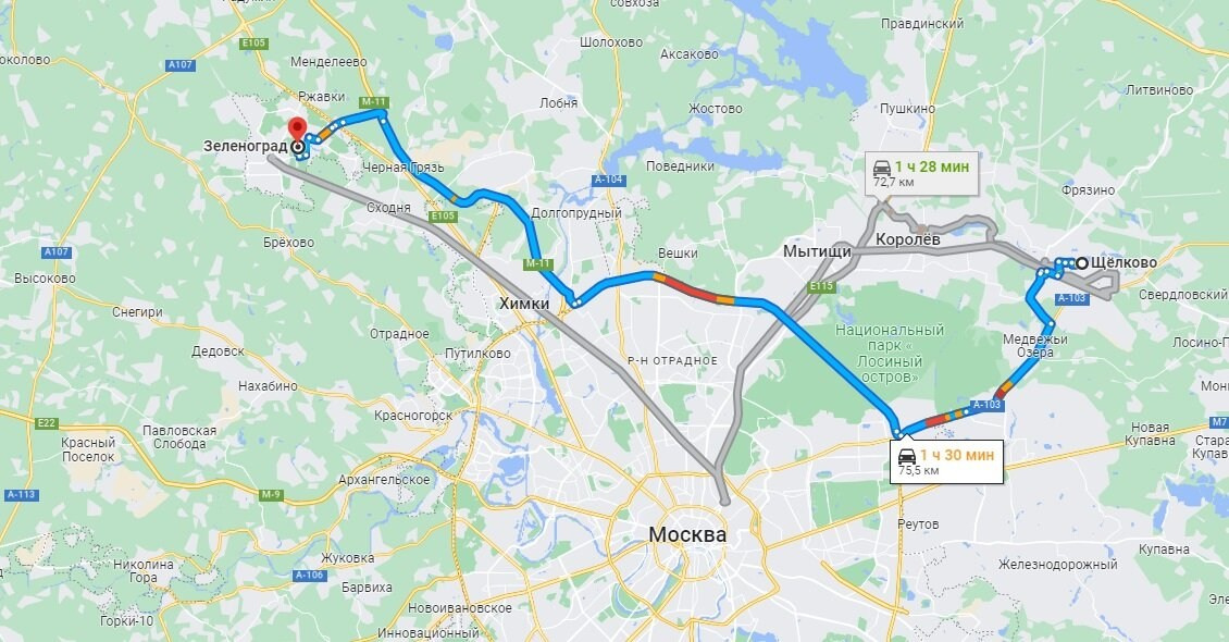 Карта маршрута по Москве на такси от Щелково до Зеленограда