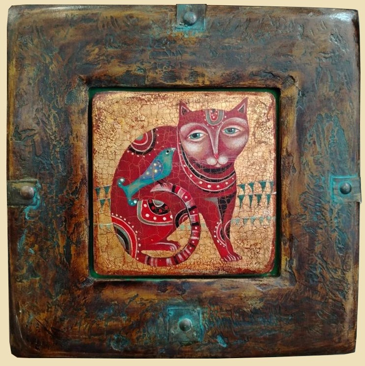 Атмосферная картина, кот, птичка, средневековье, рамка ручной работы