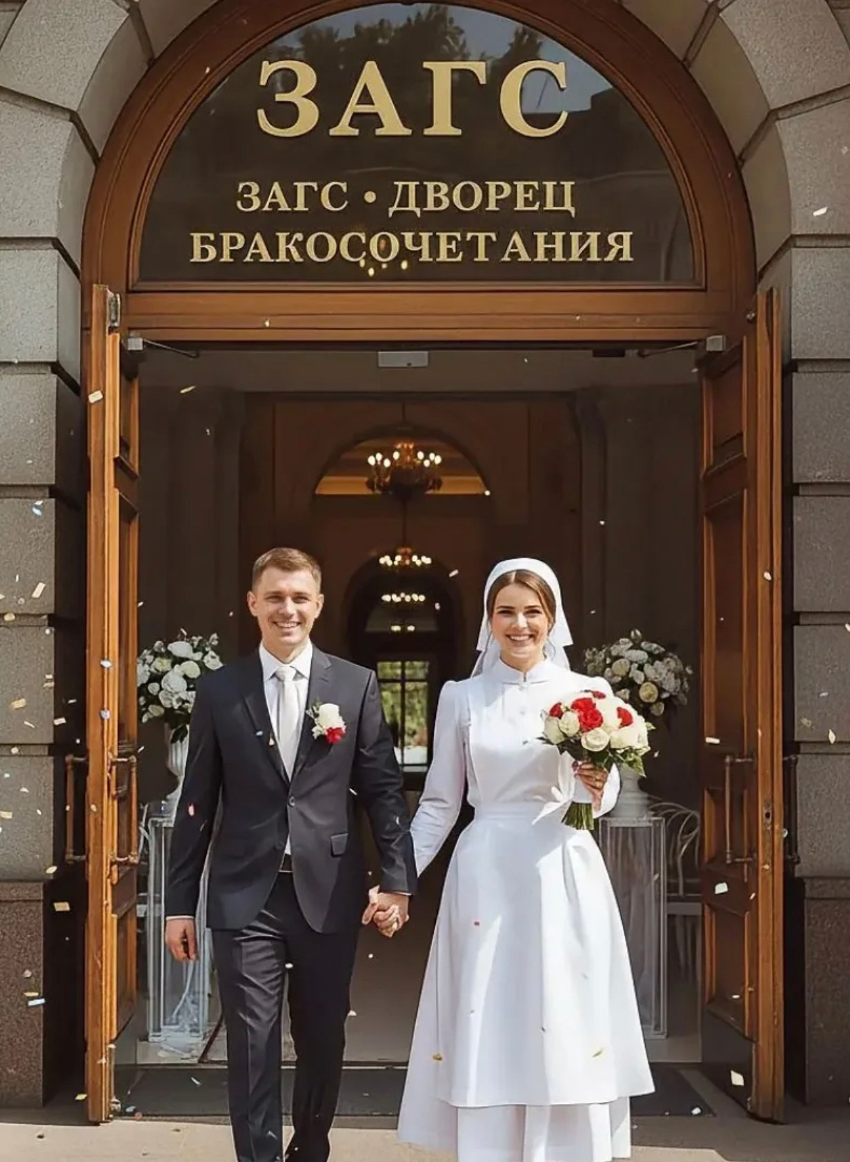 Выход молодожёнов из ЗАГСА после церемонии. Скидки врачам и учителям на фото и видео съёмку свадьбы в Москве и области
