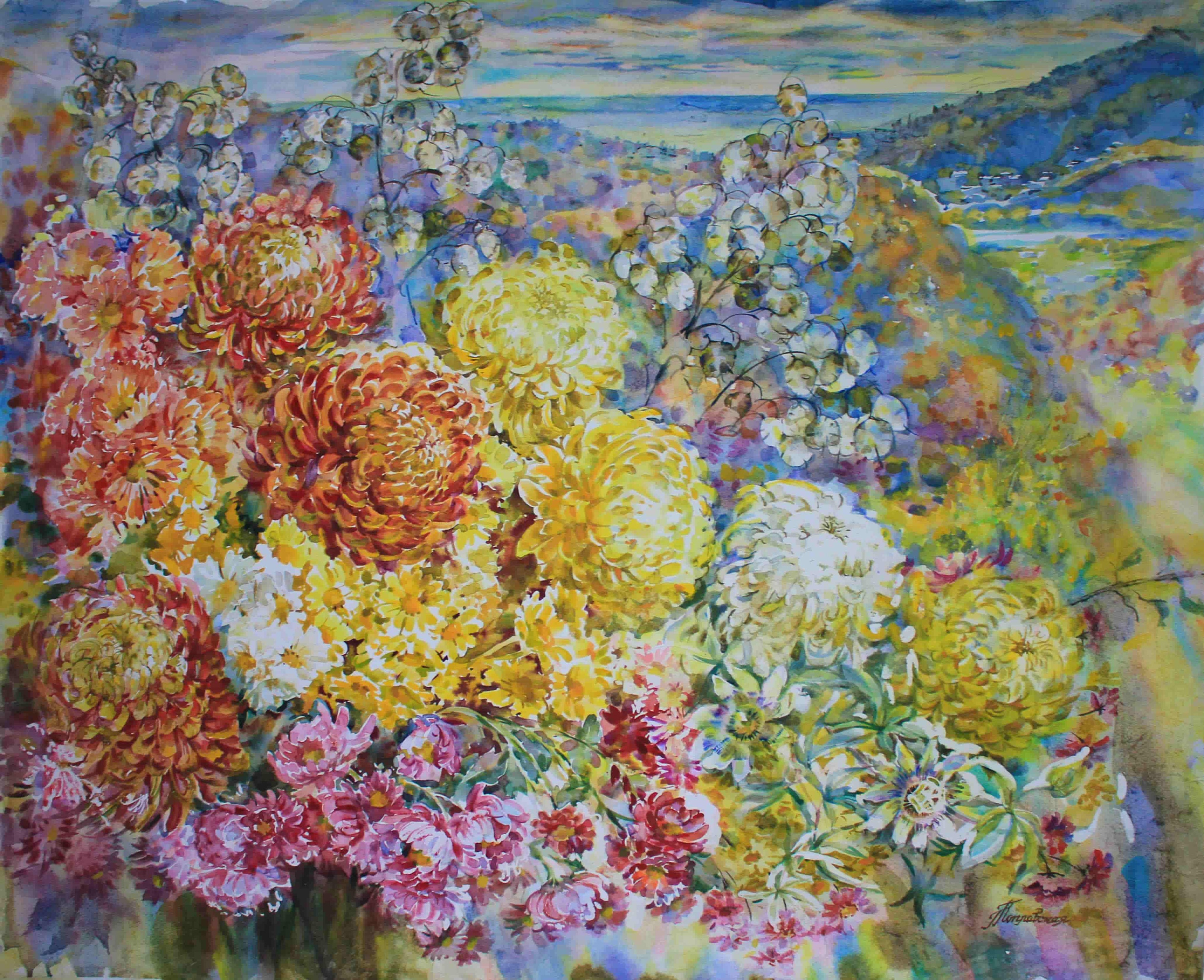 «Осенние хризантемы». Свет акварели Галины Поплавской