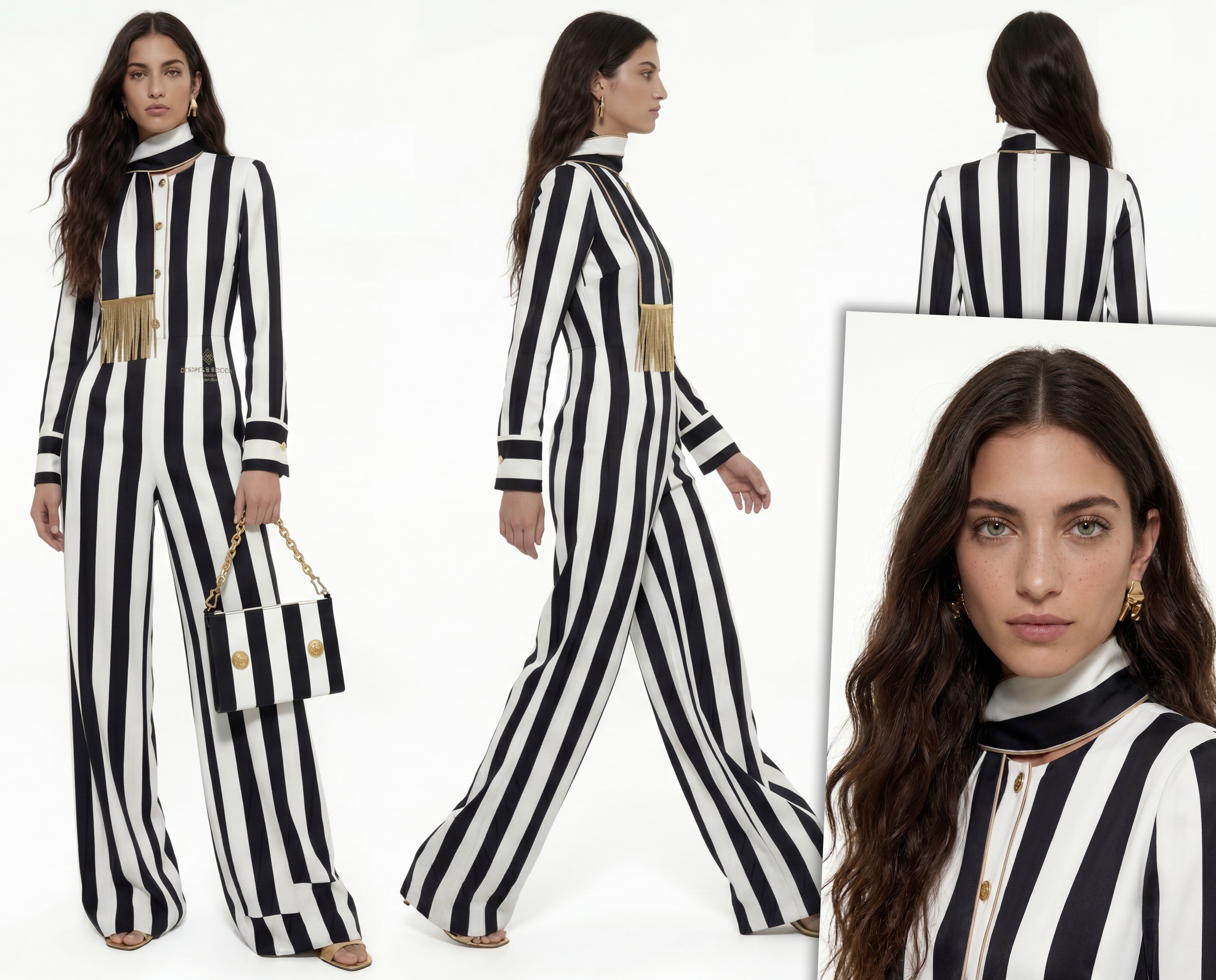 Имиджевая ИИ-фотосессия: три AI-модели в стильных полосатых костюмах, для создания атмосферных лукбуков и рекламных кампаний бренда без ограничений