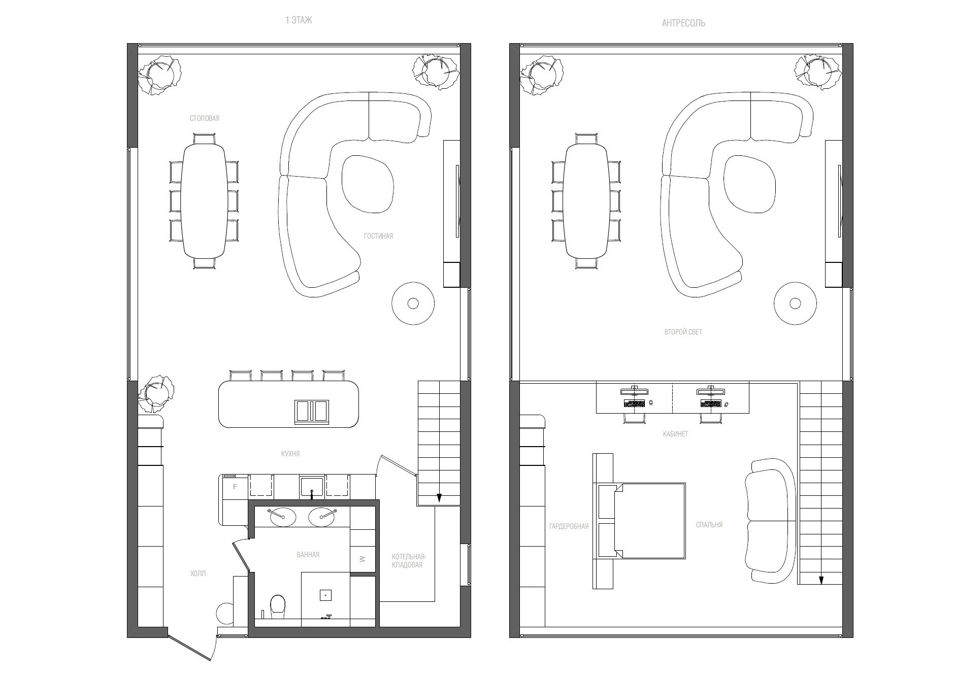 Планировка загородного дома 140 м² проект BARN открытое пространство минимализм функциональное зонирование KOVGAR