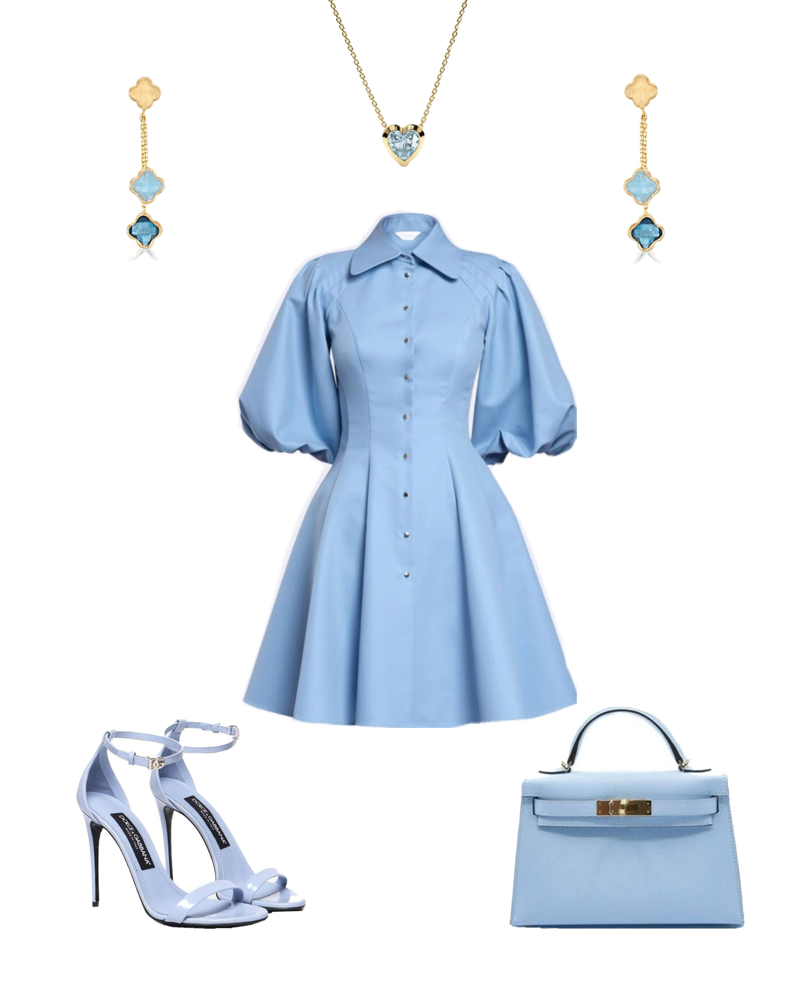 Композиция образа для маркетплейсов: голубое платье с туфлями, сумкой и серьгами, созданная ИИ для полной презентации товара