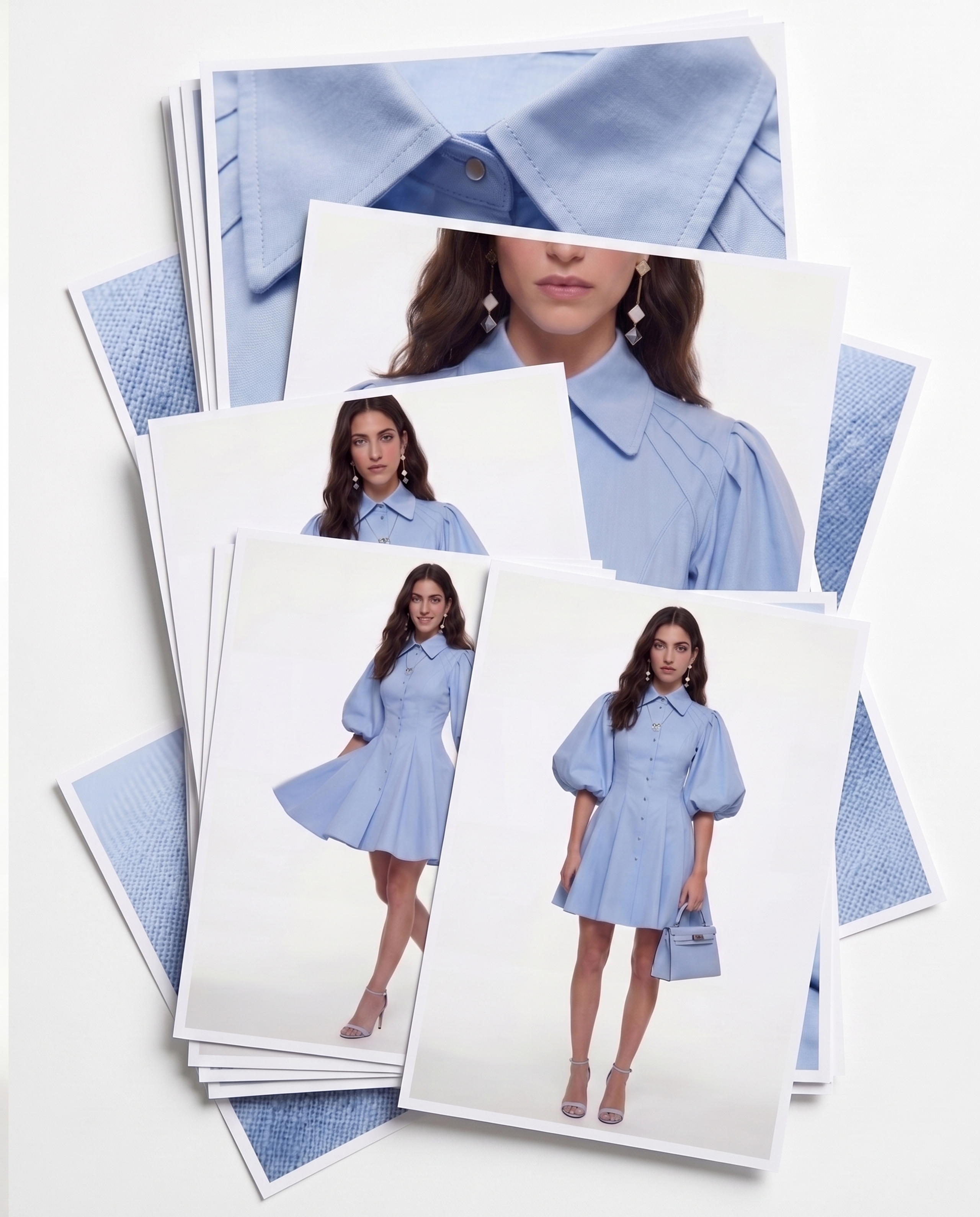 Набор продающих карточек для маркетплейсов: AI-модель в голубом платье с разных ракурсов, готовый контент-пак для Wildberries и Ozon