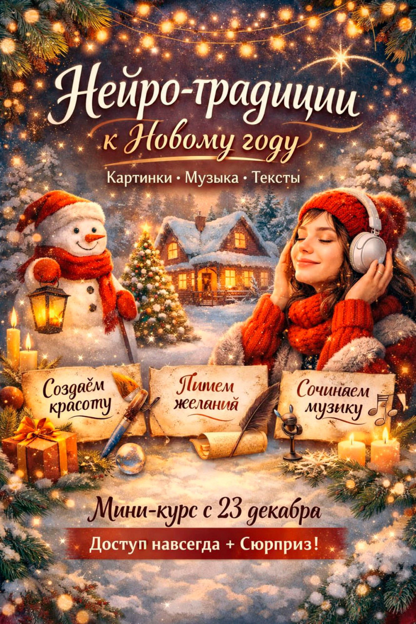 🎄 Предновогодний мини-курс «Нейро-традиции к Новому году»✨ Создадим красоту.✨ Почувствуем атмосферу.✨ Завершим год красиво.📅 Даты и формат🗓 Старт: 23 декабря 2025 года(с 23 декабря 2025 г. по 15 января обратная связь по вопросам)⏳ Доступ к материалам — навсегда💫 Формат курса3 дня / 4 нейросетикороткие уроки в записи (будут записаны под данную группу и можно смотреть в любое время + онлайн-встреча с ответами на вопросы)закрытый Telegram-чатмини-домашние заданияответы на вопросывозможность делиться своими работамилёгкий, праздничный формат без перегруза🎁 И да… вас ждёт сюрприз 😉🎄 ПРОГРАММА МИНИ-КУРСАДень 1. Шедеврум — новогодняя атмосферасоздаём праздничные картинки и открыткивизуалы (видео) для поздравлений, сториз и чатовуют и настроение Нового года🎯 Результат: готовые новогодние изображения и открытки.День 2. Kandinsky — зимние истории и стильсказочные зимние сценывизуал (видео) для соцсетей и подарковсвоя зимняя визуальная история🎯 Результат: красивый зимний визуал с характером.День 3. GigaChat + SUNO — тексты, желания и музыкановогодние тексты и поздравленияподведение итогов годаформирование желаний и намеренийсоздание персональной новогодней музыки(песня или атмосферный трек)🎯 Результат:✨ тексты и поздравления✨ личная новогодняя композиция✨ ощущение завершённости и вдохновения🎁 Что вы получите?💫4 нейросети в простом и понятном формате💫доступ к материалам навсегда💫мини-ДЗ и ответы на вопросы💫готовые визуалы, тексты и музыку💫новую тёплую нейро-традицию, которую можно повторять каждый год💬 Это не про сложное обучение.Это про красоту, настроение и удовольствие.✨ Можно пройти одной✨ Можно с семьёй✨ Можно использовать для соцсетей и клиентов🎁 Сюрприз для участников — будет.(Да, настоящий 😉)💰 Стоимость участия3500 ₽Идеально как подарок себе или близким 🎁Запись в личные сообщения.