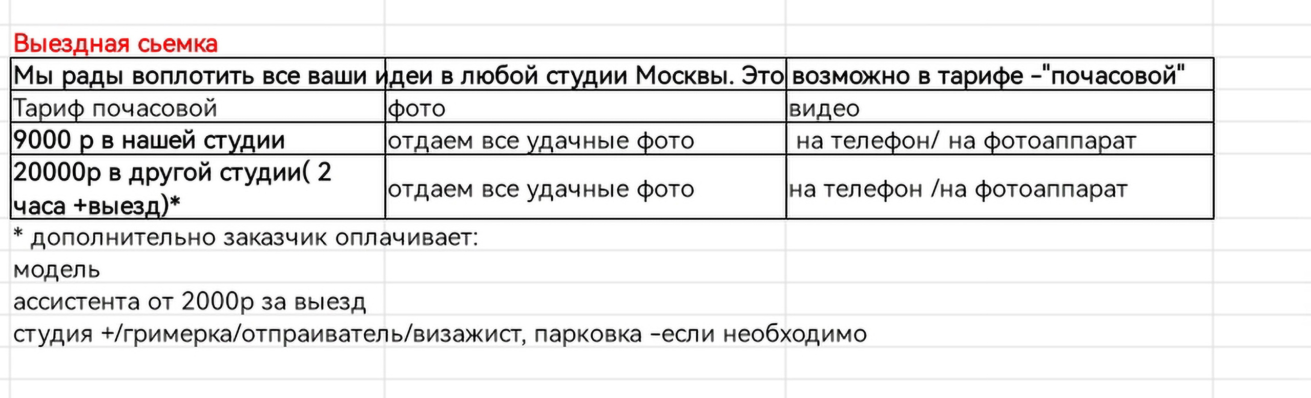 Услуги и цены. Фото для маркетплейс