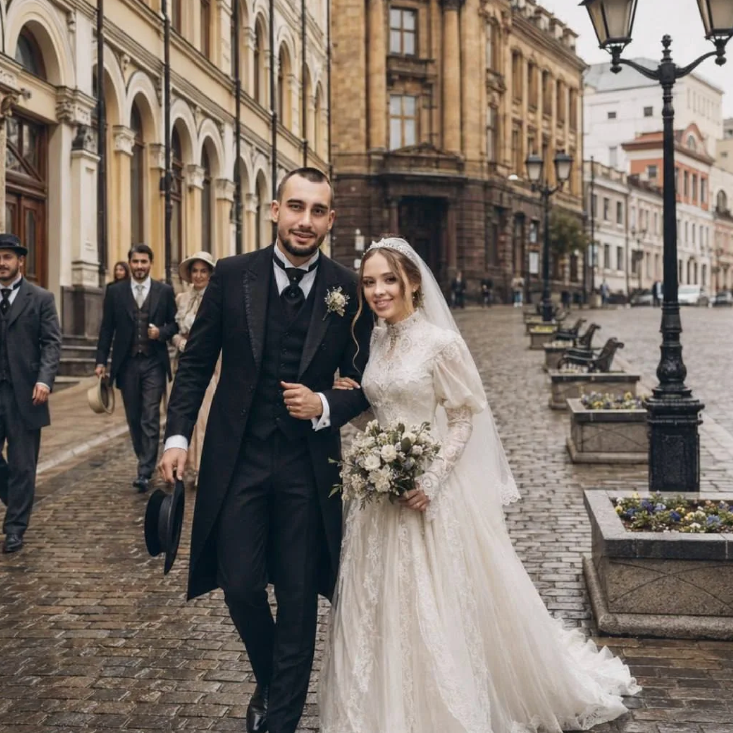 Молодожёны гуляете по мостовой Кузнецкого Моста. Виртуальный фотограф переношу вас в любые эпохи с помощью ИИ нейроситей, подробнее на https://foto-video-svadba.ru/